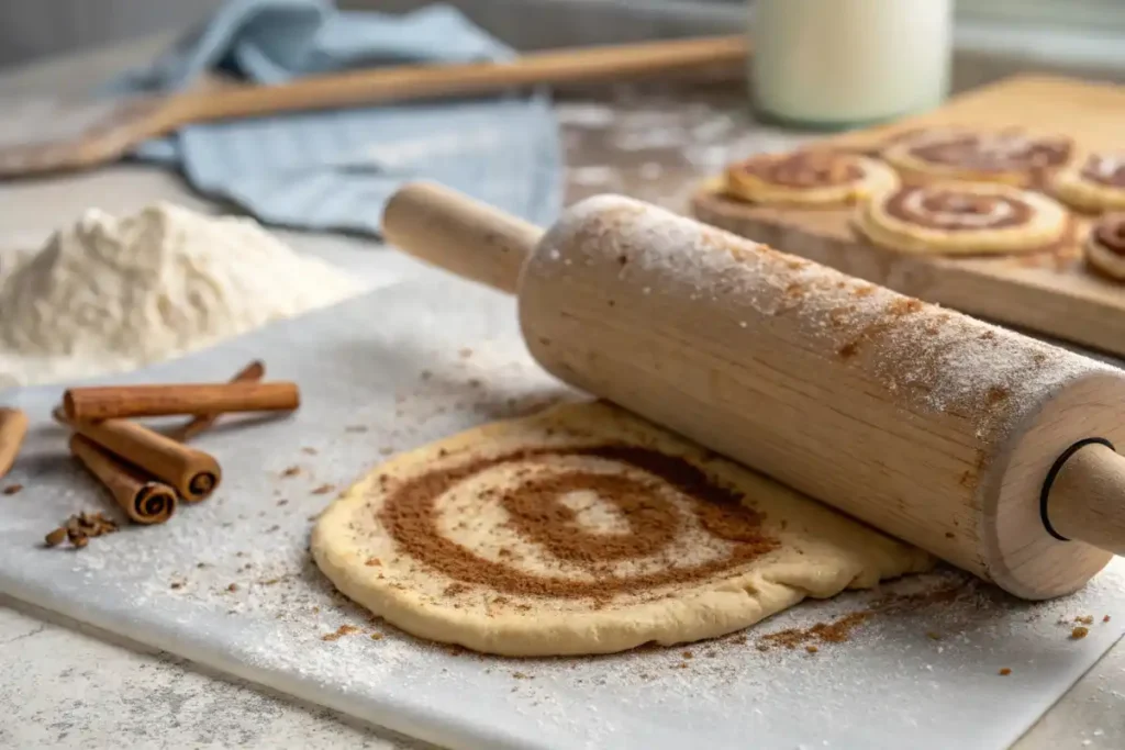 Rolling Out The Dough And Adding Cinnamon Sugar Filling For Sourdough Discard Cinnamon Rolls