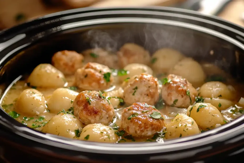 Slow Cooker Filled With Tuscan Chicken Meatballs And Gnocchi In Creamy Sauce