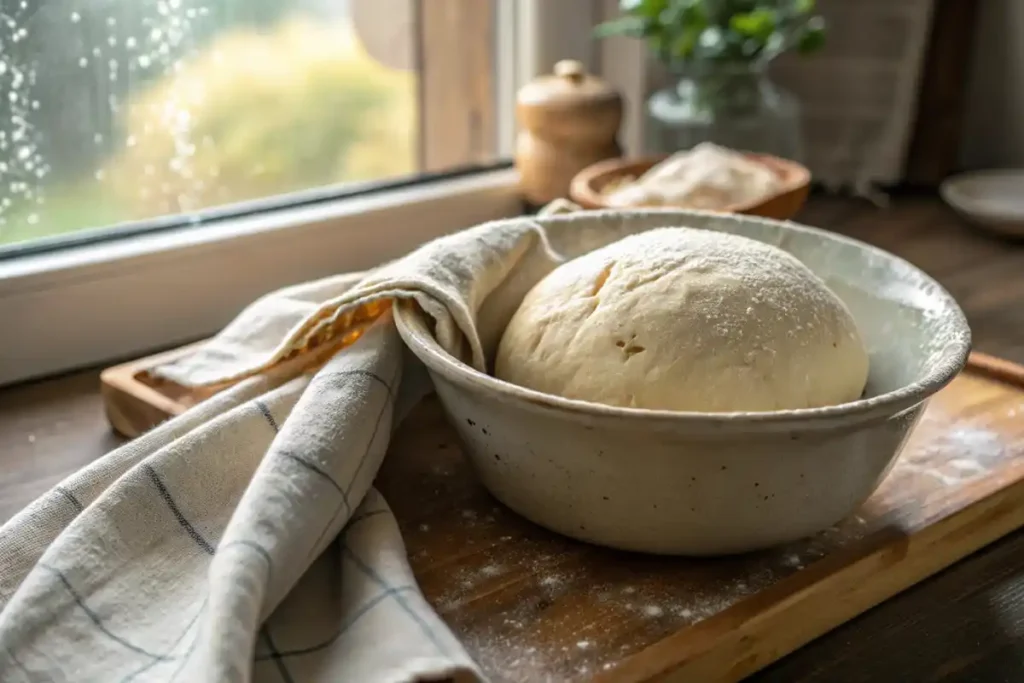 Sourdough Discard Pizza Dough Resting And Rising In A Bowl Covered With A Cloth