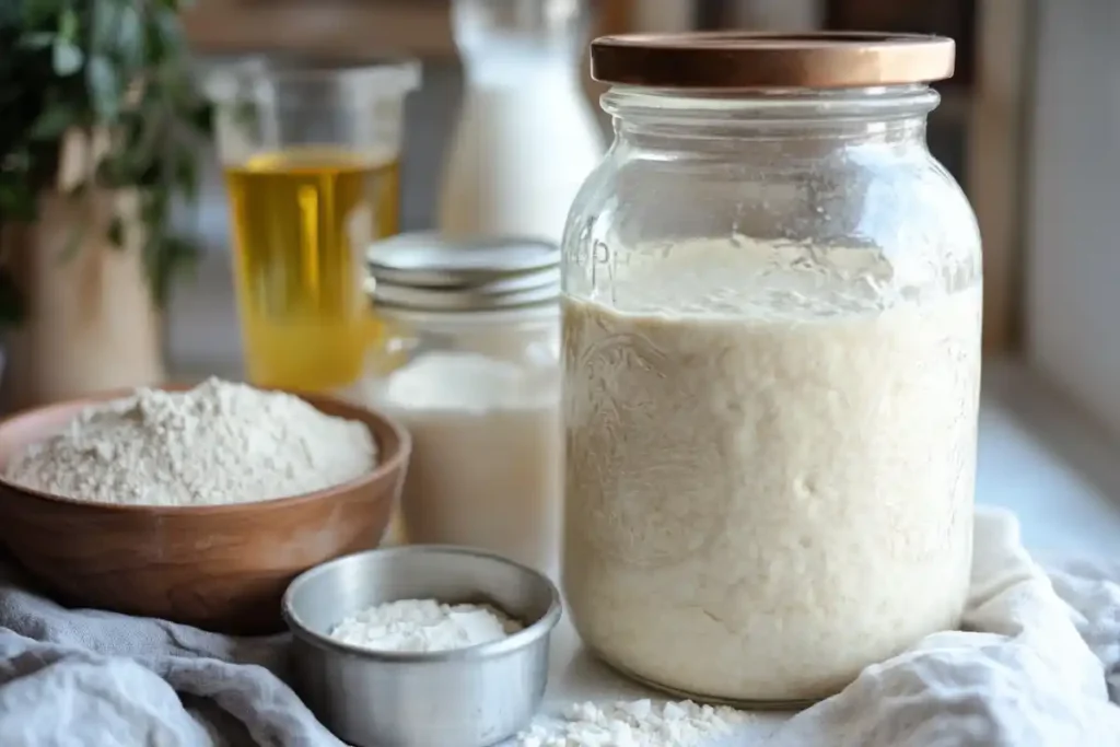 The Ingredients For Sourdough Discard Pizza Dough, Including Sourdough Discard, Flour, Water, Olive Oil, Salt, And Instant Yeast