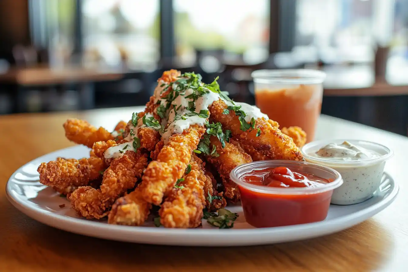 Tyson Chicken Fries Served With Dipping Sauces On A Plate