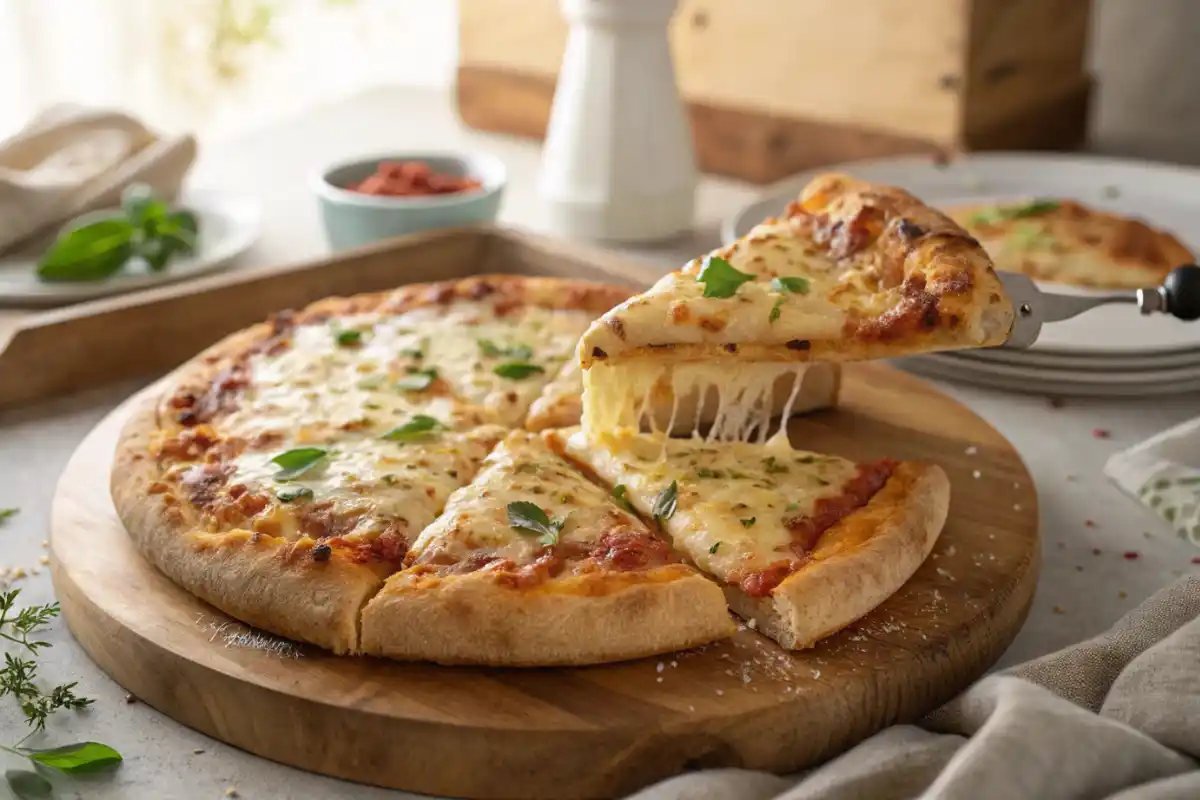 Freshly Baked Sourdough Discard Pizza Being Served On A Wooden Pizza Board