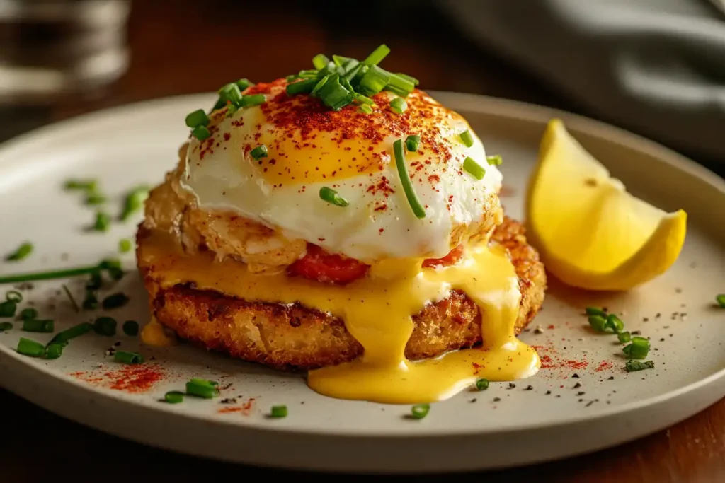 A Beautifully Plated Crab Cake Eggs Benedict With Golden Hollandaise Sauce, Crispy Crab Cake, Poached Egg, And Fresh Garnishes