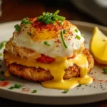 A Beautifully Plated Crab Cake Eggs Benedict With Golden Hollandaise Sauce, Crispy Crab Cake, Poached Egg, And Fresh Garnishes