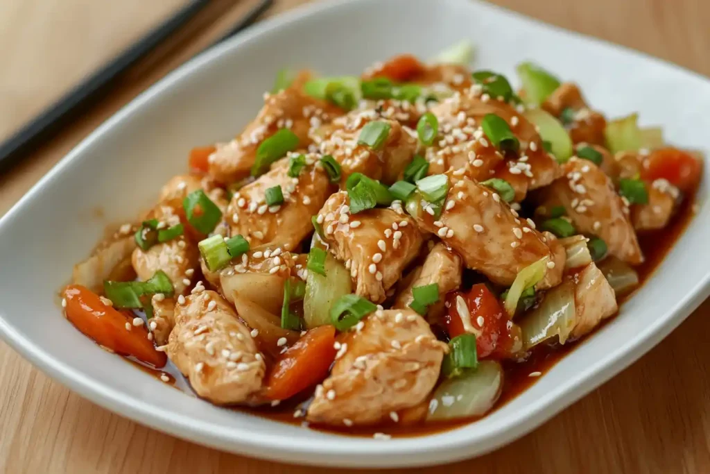 A Dish Of Chinese Chicken Cabbage Stir Fry, Beautifully Plated And Topped With Sesame Seeds And Fresh Green Onions, Ready To Enjoy