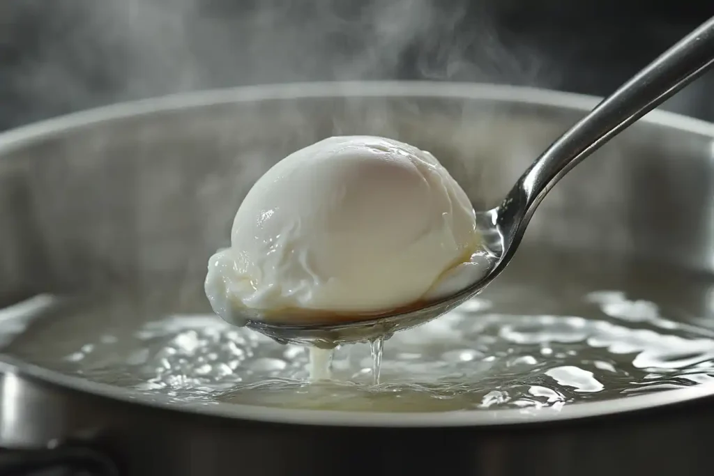 A Perfectly Poached Egg Floating In Simmering Water, Followed By A Spoon Lifting A Delicate Poached Egg, Ready For Plating