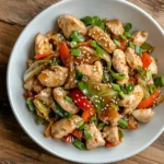 A Plate Of Chinese Chicken Cabbage Stir Fry Garnished With Sesame Seeds And Green Onions, Ready To Be Served