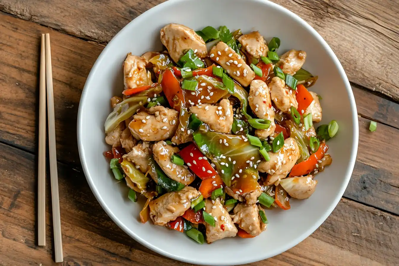 A Plate Of Chinese Chicken Cabbage Stir Fry Garnished With Sesame Seeds And Green Onions, Ready To Be Served