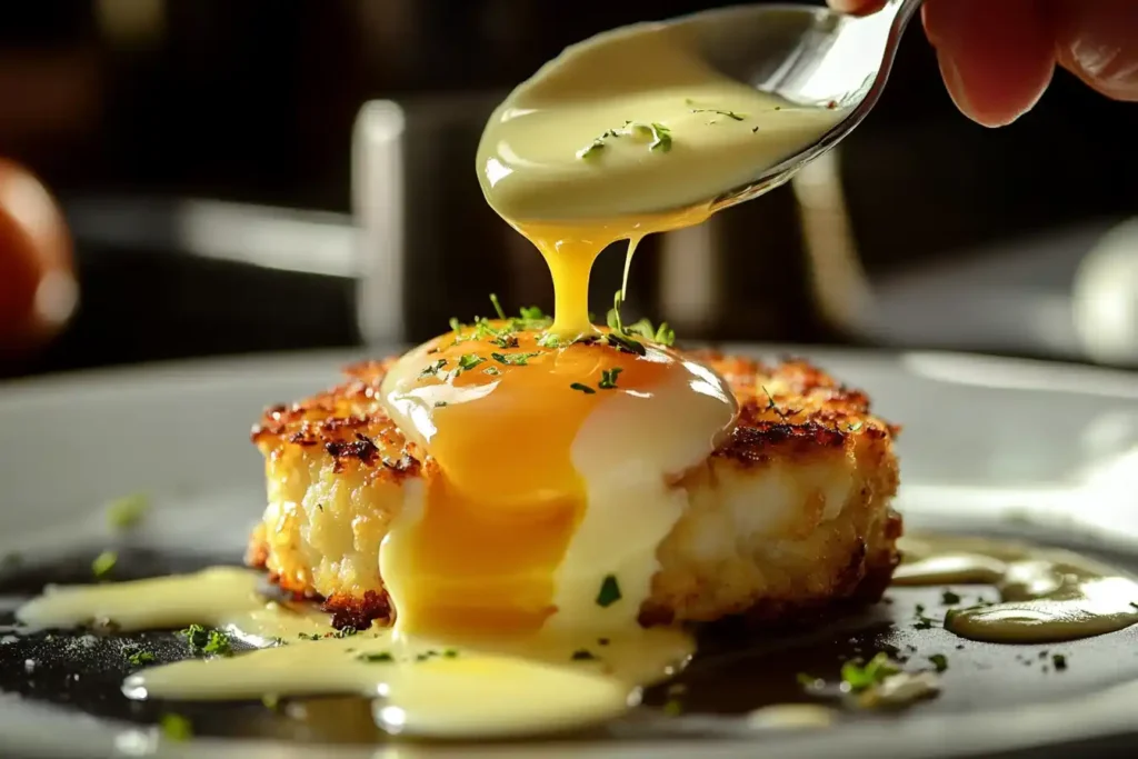 A Spoon Drizzling Rich, Creamy Hollandaise Sauce Over A Perfectly Poached Egg On Top Of A Crispy Crab Cake