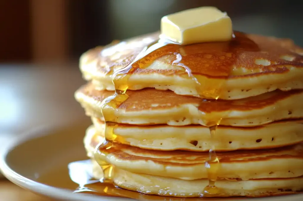 A Stack Of Fluffy Old Fashioned Pancakes With Maple Syrup And Melting Butter On Top, Served On A White Plate (2)