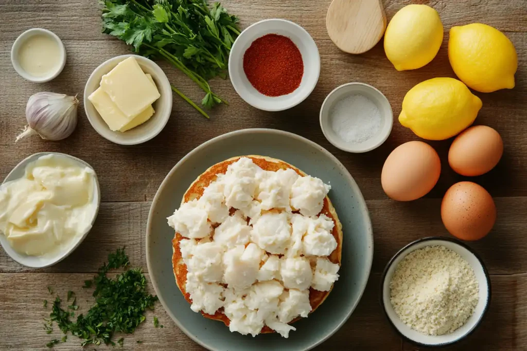 A Top Down View Of Fresh Ingredients For Crab Cake Eggs Benedict, Including Crab Meat, Eggs, Herbs, Spices, And Hollandaise Sauce Components