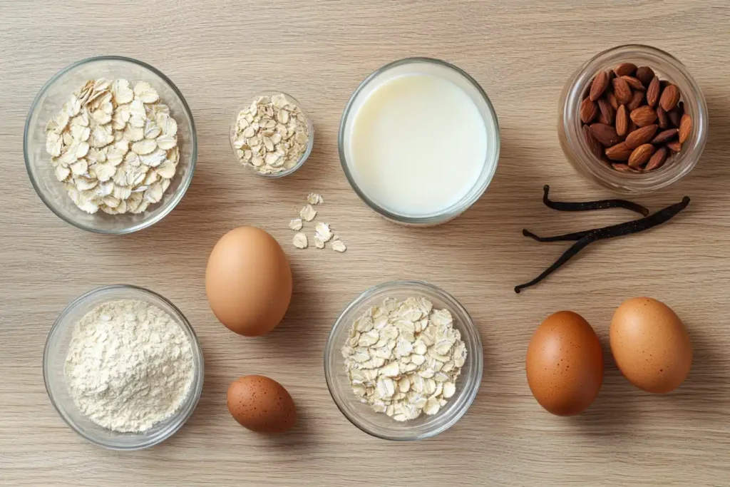 All The Ingredients For Premier Protein Pancakes Arranged On A Wooden Countertop, Ready For Cooking.