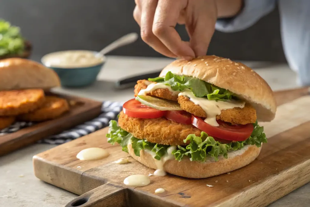 Assembling A Chicken Cutlet Sandwich With Toasted Buns, Crispy Chicken, Lettuce, Tomato, And Sauce