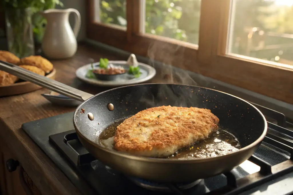 Chicken Cutlet Frying In A Pan, Showing The Golden Brown Crispy Texture