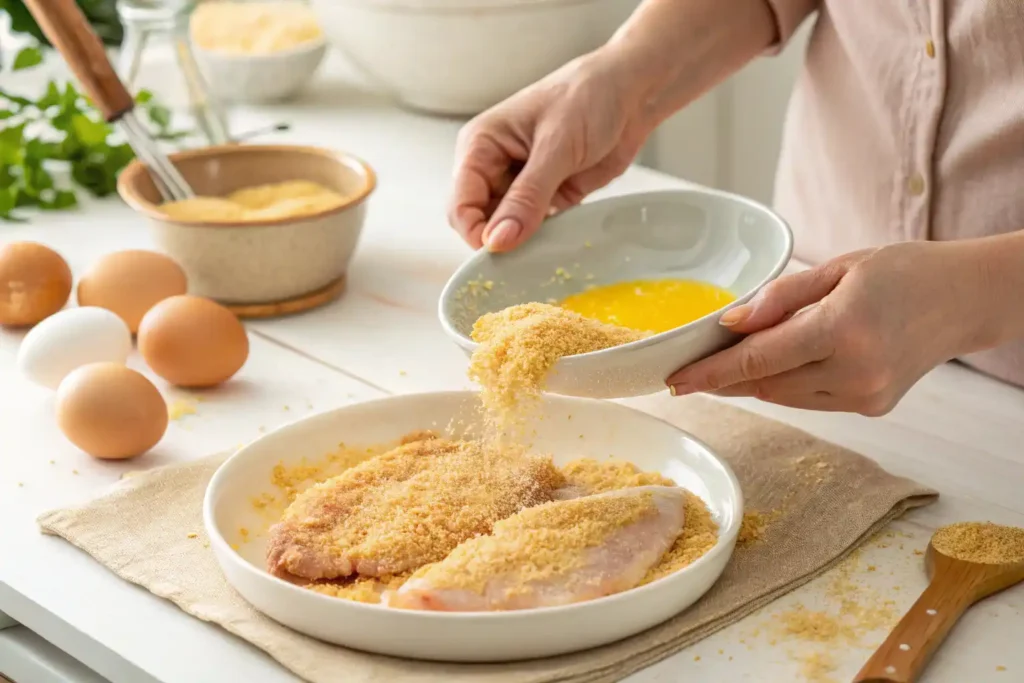 Chicken Fillet Being Dipped Into Egg Wash And Then Into Breadcrumbs For A Cutlet Sandwich