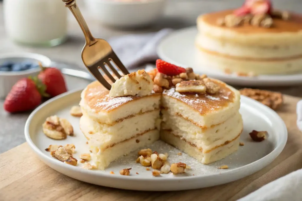 Close Up Of A Fork Cutting Into A Fluffy Premier Protein Pancake, Showing Its Soft Texture