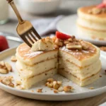 Close Up Of A Fork Cutting Into A Fluffy Premier Protein Pancake, Showing Its Soft Texture