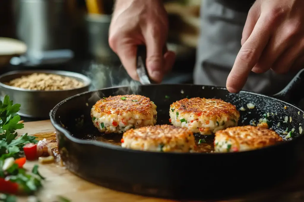 Close Up Of Hands Shaping Crab Cakes On A Cutting Board, Followed By Golden Brown Crab Cakes Sizzling In A Skillet