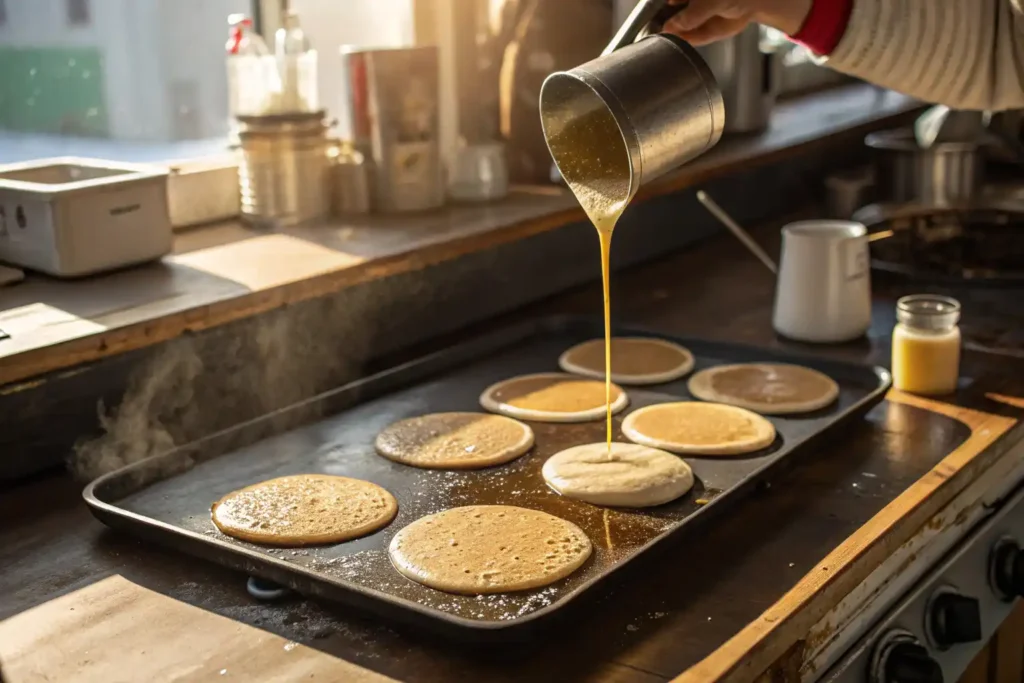 Cooking Premier Protein Pancakes On A Griddle, With Batter Sizzling And Bubbles Forming