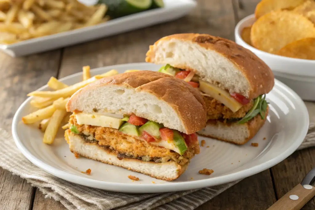 Finished Chicken Cutlet Sandwich Served On A Plate, With Golden Fries On The Side, Showcasing Crispy Chicken, Melted Cheese, And Fresh Vegetables.