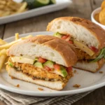 Finished Chicken Cutlet Sandwich Served On A Plate, With Golden Fries On The Side, Showcasing Crispy Chicken, Melted Cheese, And Fresh Vegetables.