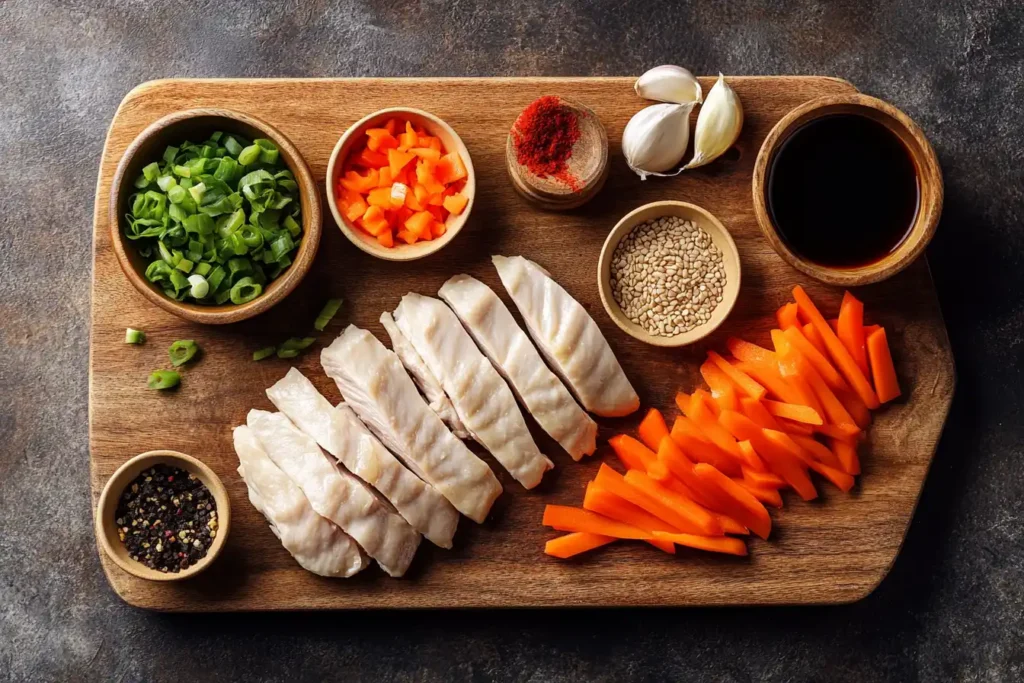 Fresh Ingredients For Chinese Chicken Cabbage Stir Fry, Including Sliced Chicken, Chopped Cabbage, Vegetables, And Seasonings