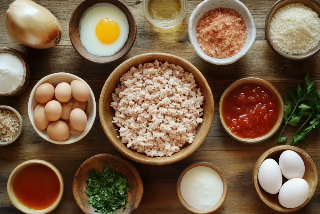 Fresh Ingredients For Chicken Meatloaf, Including Ground Chicken, Breadcrumbs, Eggs, Ketchup, And Seasonings, Arranged On A Wooden Kitchen Counter