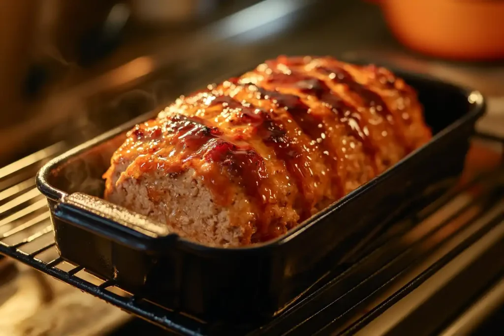 Freshly Baked Chicken Meatloaf With A Caramelized Glaze, Cooling In A Loaf Pan On A Wooden Countertop