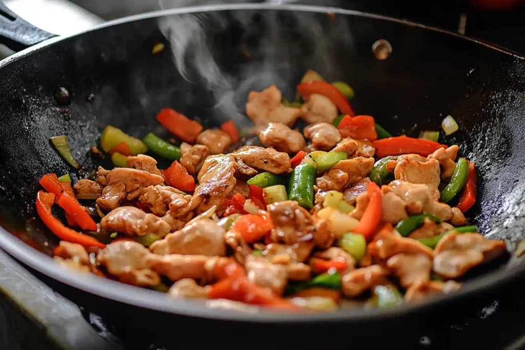 Freshly Chopped Cabbage, Carrots, And Bell Peppers Being Added To A Wok With Cooked Chicken