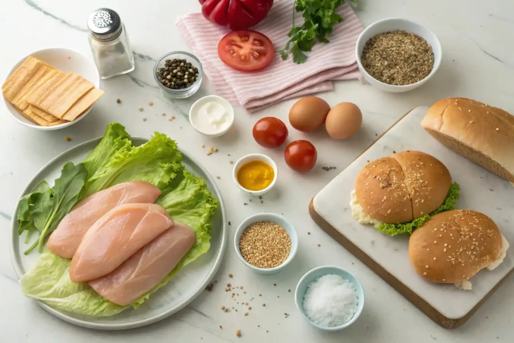 Ingredients For Chicken Cutlet Sandwich Laid Out On A Kitchen Counter Including Chicken Fillets, Breadcrumbs, Eggs, Lettuce, Tomatoes, And Sandwich Buns