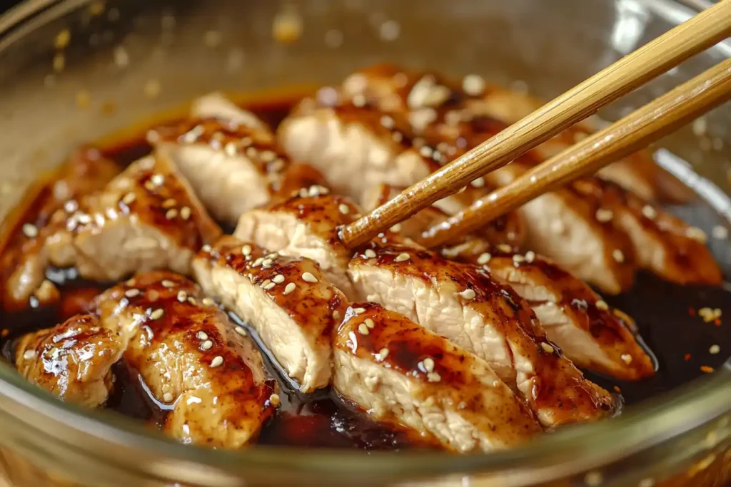 Marinated Chicken In A Glass Bowl Being Mixed With Soy Sauce And Cornstarch For Stir Fry Preparation