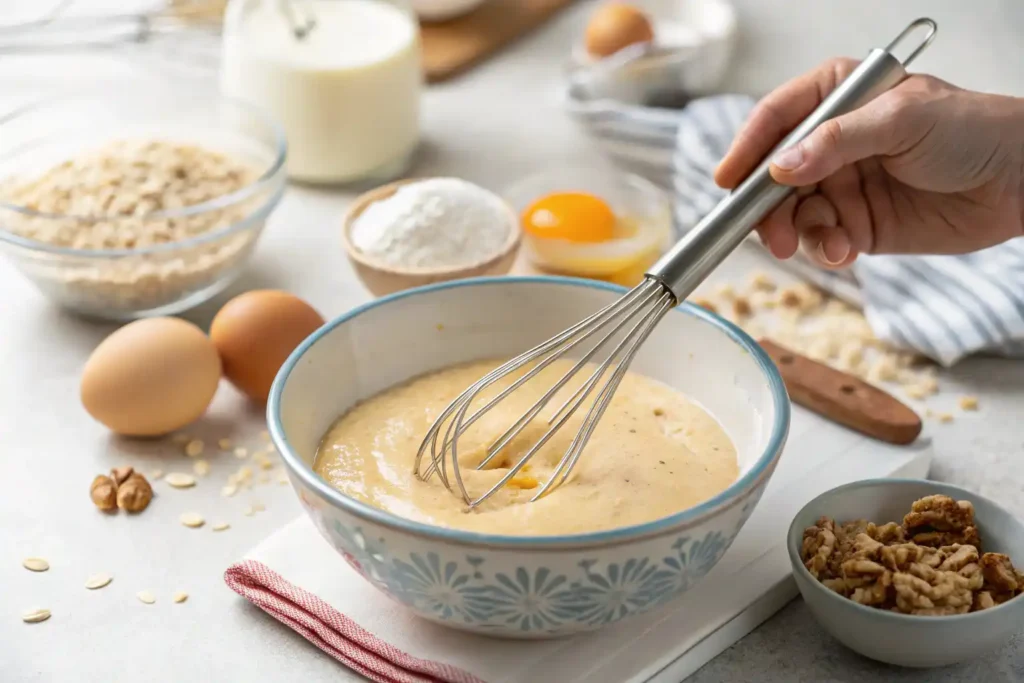 Mixing The Batter For Premier Protein Pancakes With A Whisk In A Large Bowl