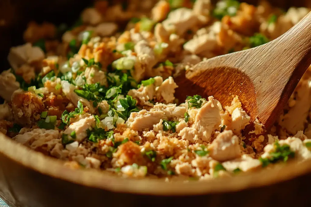 Mixing The Chicken Meatloaf Ingredients In A Bowl With A Wooden Spoon, Showing The Texture And Moisture Of The Mixture