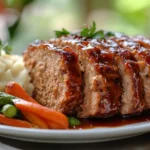 Sliced Chicken Meatloaf Served With Mashed Potatoes And Vegetables On A Plate, Showcasing Its Moist Texture And Rich Glaze