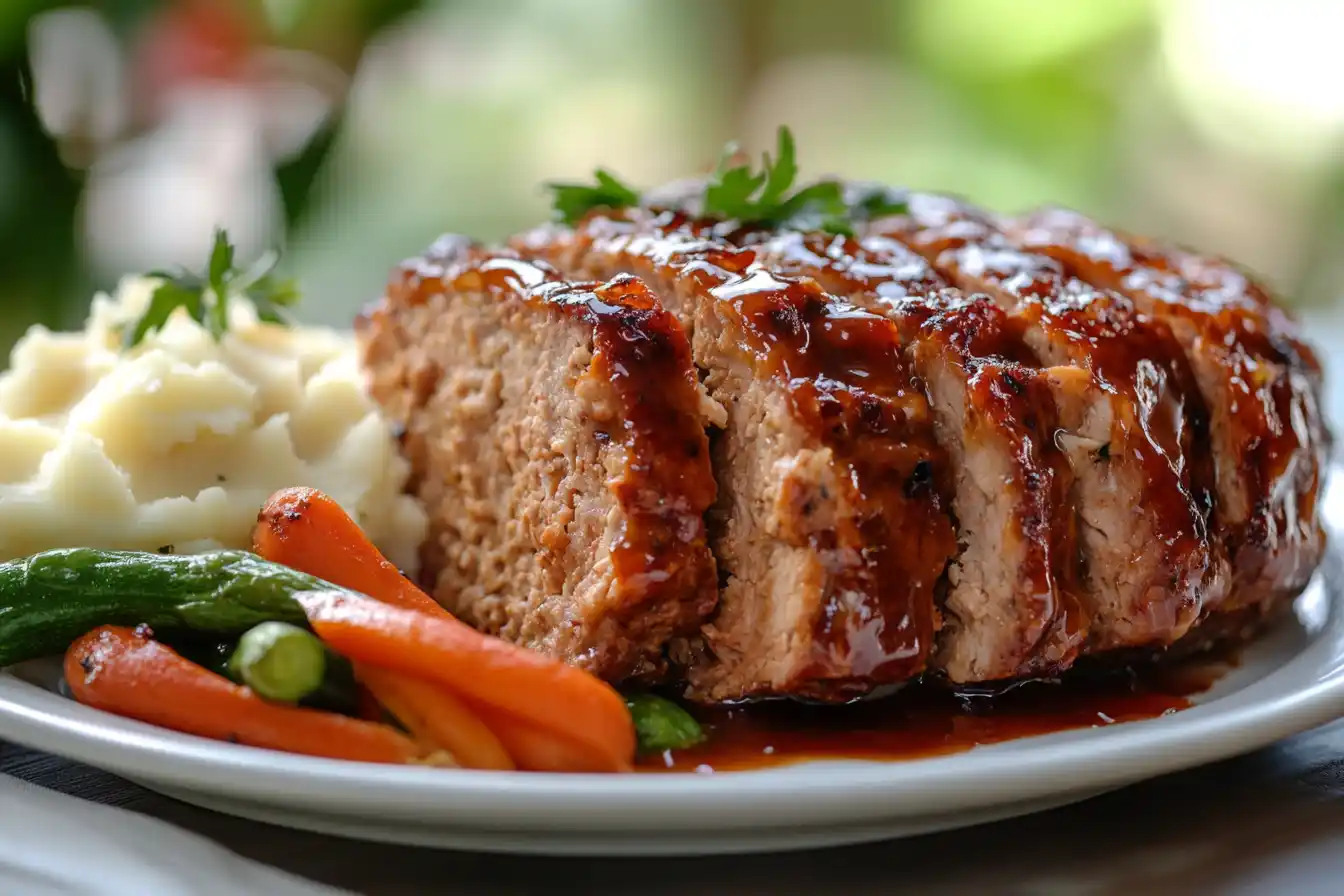 Sliced Chicken Meatloaf Served With Mashed Potatoes And Vegetables On A Plate, Showcasing Its Moist Texture And Rich Glaze