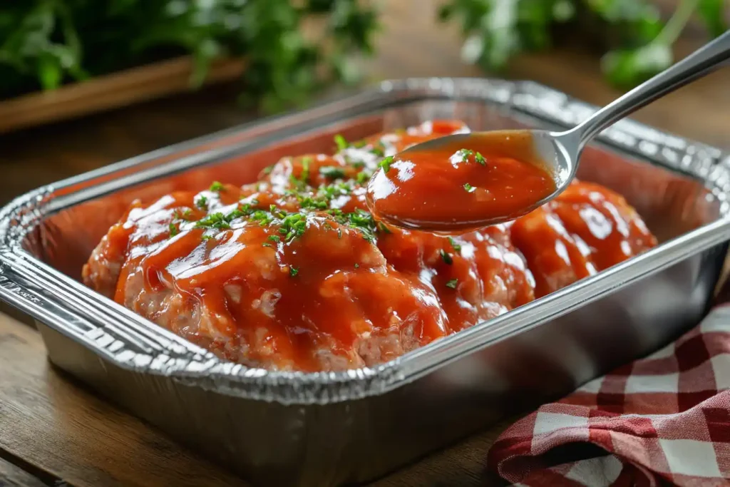 Uncooked Chicken Meatloaf In A Loaf Pan With A Thick Layer Of Ketchup Glaze Being Spread On Top